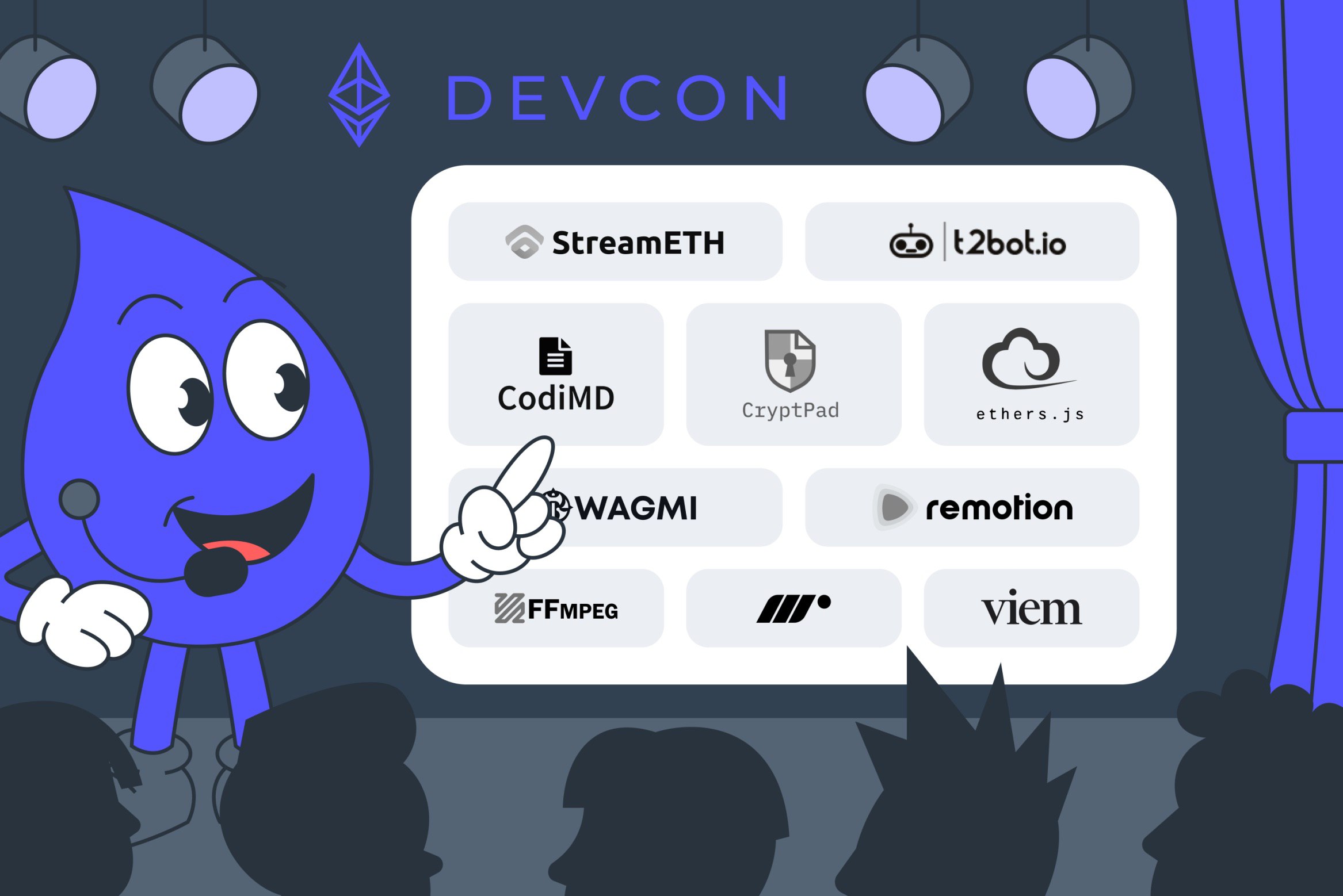 Drippy on stage at Devcon presenting supported dependencies.