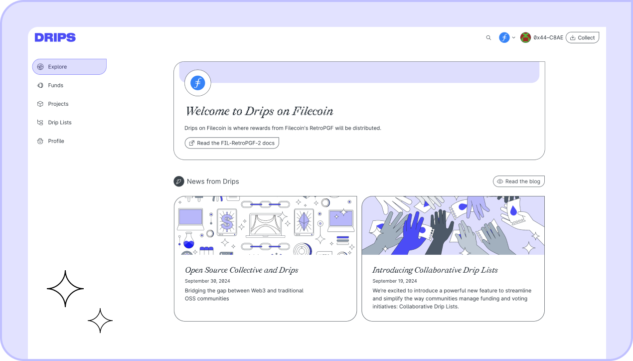 The Explore Page on Drips Filecoin