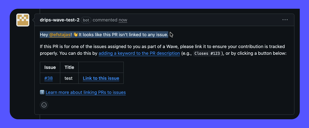 Screenshot of the new PR linking reminder comment