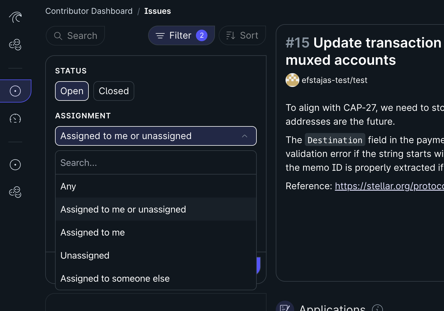 Screenshot of the new contributor dashboard assignment filter, showing the 'Assigned to me or unassigned' option